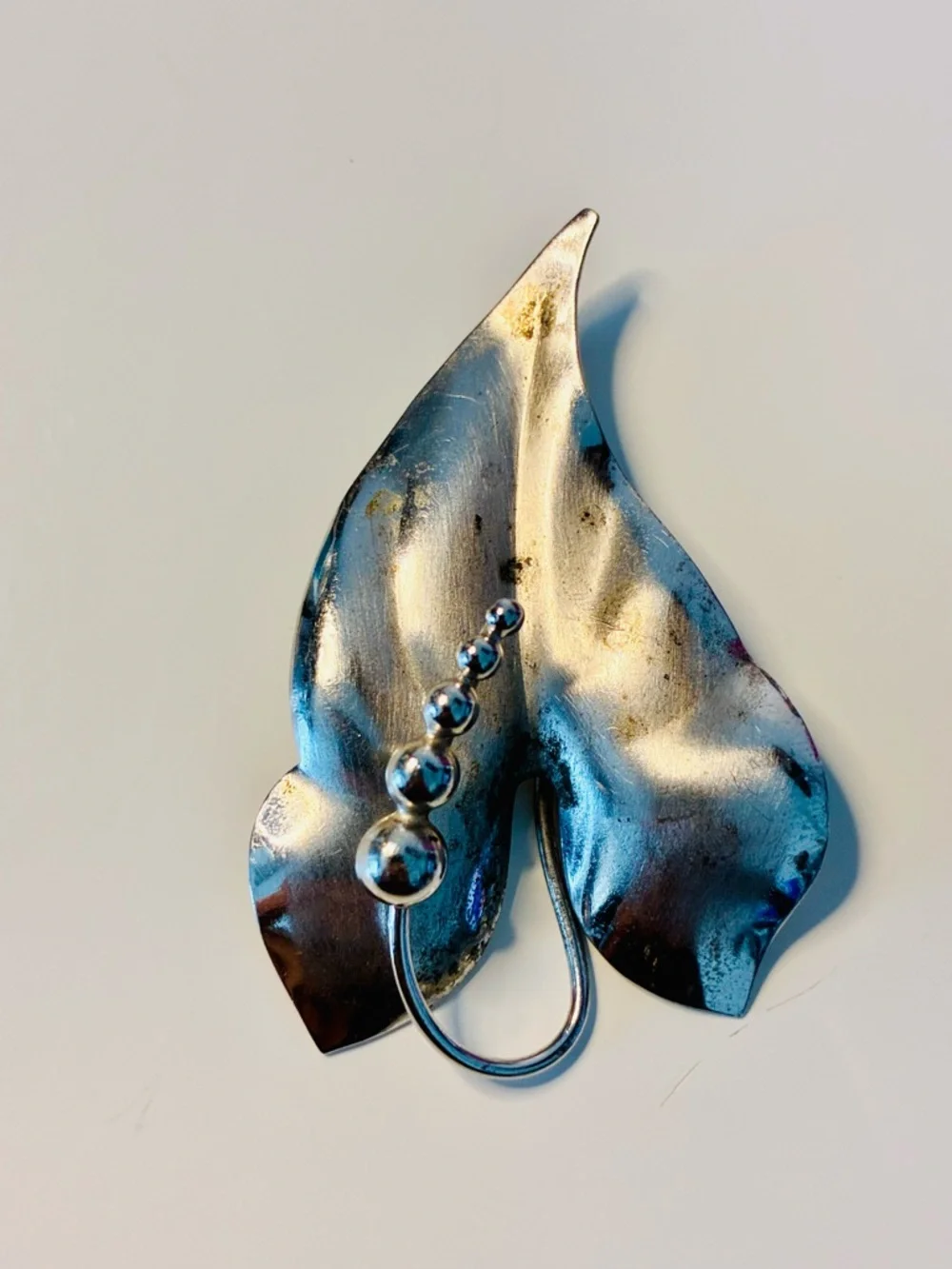 Silver Leaf Brooch with Graduated Spheres